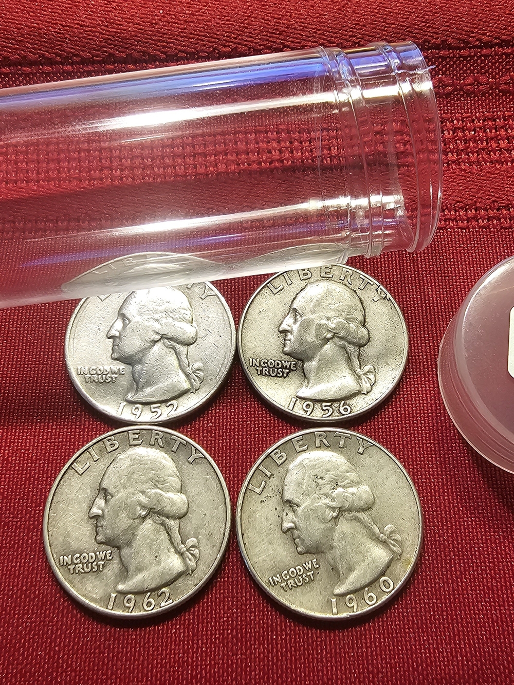 (4) Silver Washington Quarters, 1952-D, 1956, 1960-D, 1962-D With Storage Tube